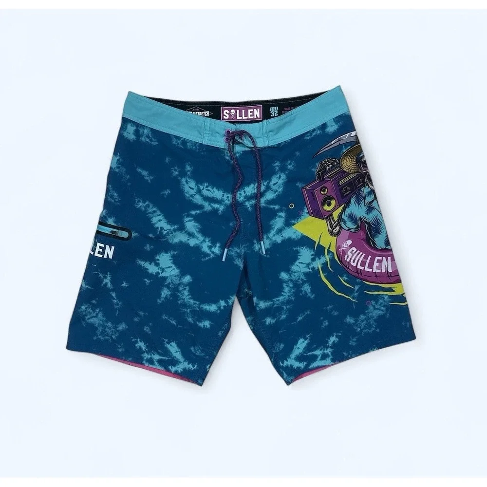 Sullen Art Collective Board Shorts Mens 32 Blue Tie Dye Grim Reaper Beach Surf